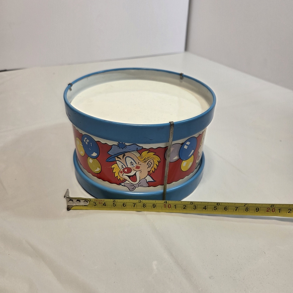Vintage Clown Tin Drum - Blue & Red